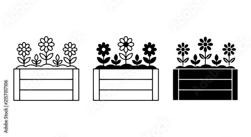 Wooden Planter Box Icons: Flowers, Leaves, Garden Elements, Vector Graphics