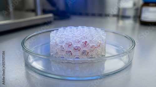 Bioengineered honeycomb structure with intricate red vascular networks inside a sterile clear glass petri dish for advanced regenerative medicine research