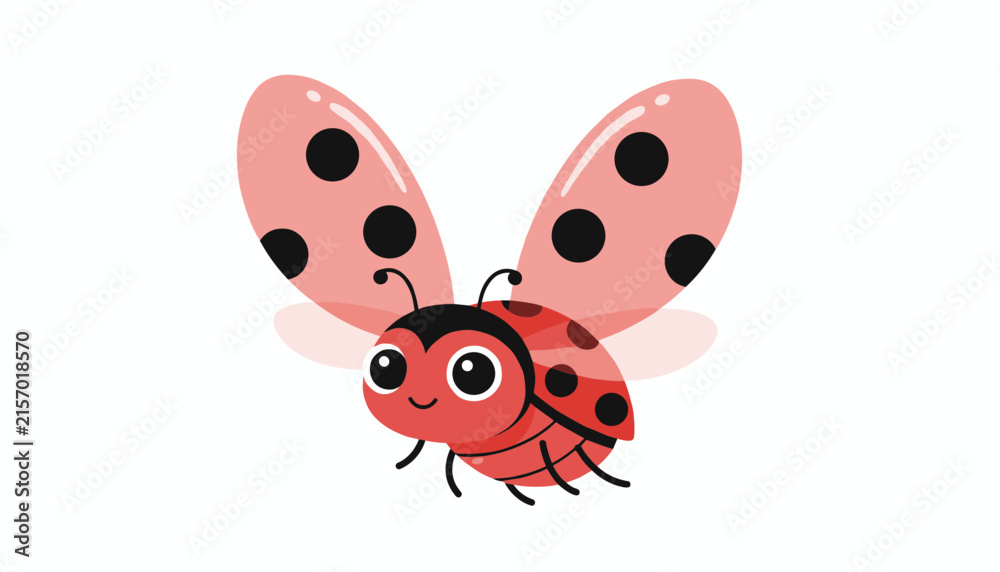 Fototapeta premium Cute cartoon ladybug character with open pink wings and big friendly eyes flying happily over a white background.