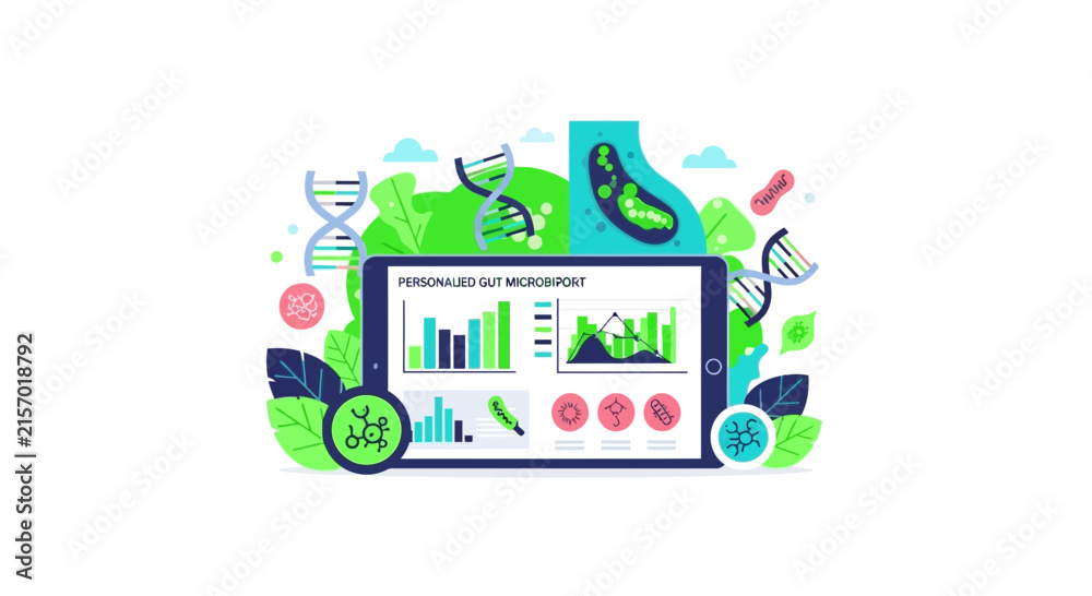 Fototapeta premium Personalized Gut Microbiome Analysis on Digital Tablet with DNA and Bacterial Data Charts