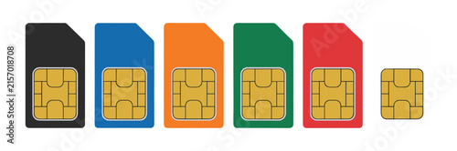 Fotografie Sim Card Sizes: A collection of colorful SIM cards in various sizes, from standard to nano, showcasing the evolution of mobile technology