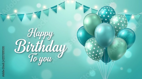 Happy birthday greeting card with teal balloons and bunting flags