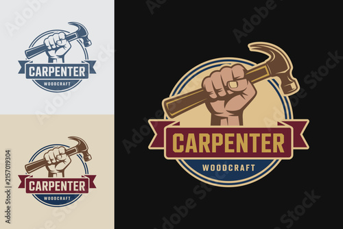Vintage Carpenter Woodcraft Logo Design with Hand Holding Hammer