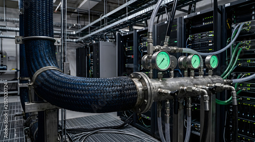 Konstfotografi Industrial liquid cooling system pipes with bright glowing pressure gauges insta