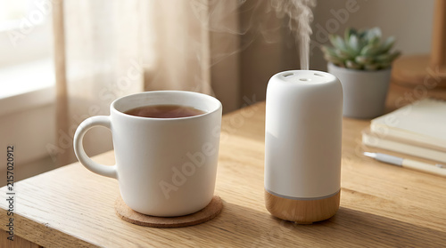 Aromatherapy diffuser releasing mist next to a hot cup of tea on a wooden desk