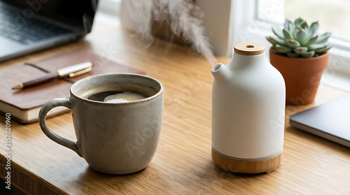 Cozy home office desk with steaming coffee cup and aroma diffuser next to plant