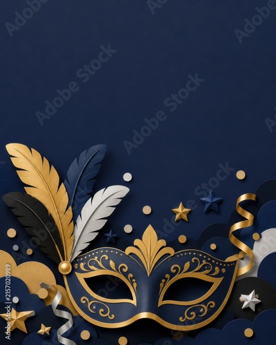 Elegant masquerade mask with feathers and golden accents on dark blue background for festive carnival design