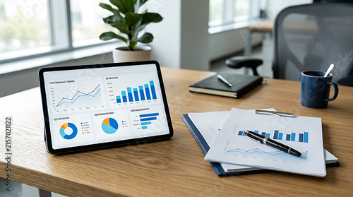 Financial charts on tablet screen on modern office desk with documents