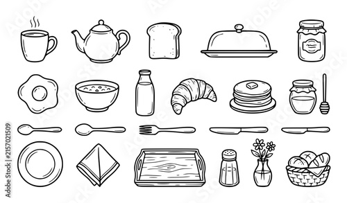 Rustic Breakfast Table Food and Kitchen Outline Vector Icon Set