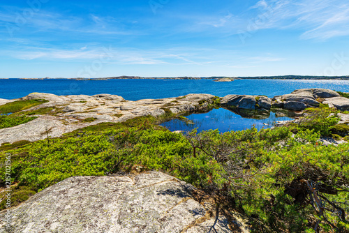Felsen und Bäume an der Küste der Insel Rossö nahe Strömstad, Schweden