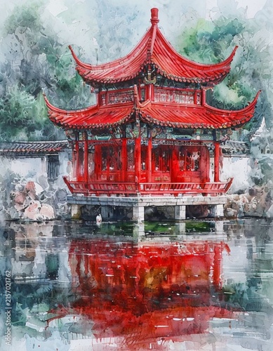 Red Pavilion Water Reflection