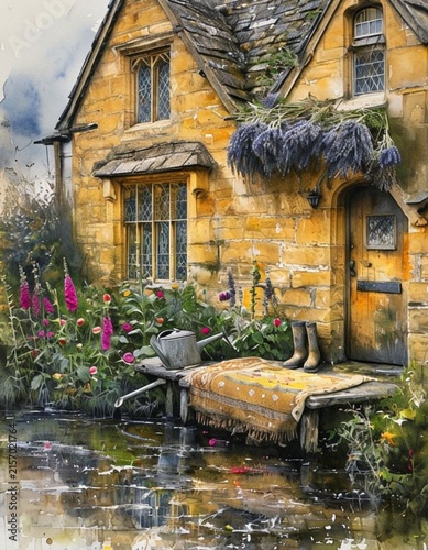 Charming English Cottage Watercolor Illustration by the Water