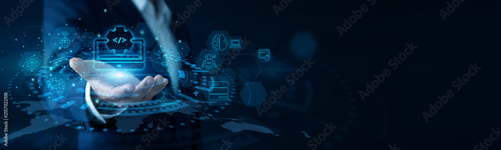 Konstfotografi System programmer and software coder holding hands compiling Computer Science algorithms via a massive virtual screen rendering complex binary logic