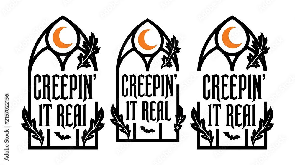 Three ornate gothic arched window frames feature a glowing crescent moon and spooky halloween themed text design elements