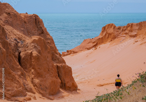 Woman Hiking Between Sandstone Cliffs, Ceara, Brazil