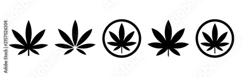 Black marijuana leaf icon set with circle frames for cannabis company logo or wellness shop branding.