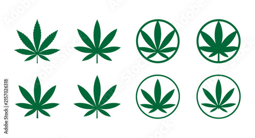 Cannabis leaf vector icons set featuring green plant illustrations for marijuana medical brand identity.
