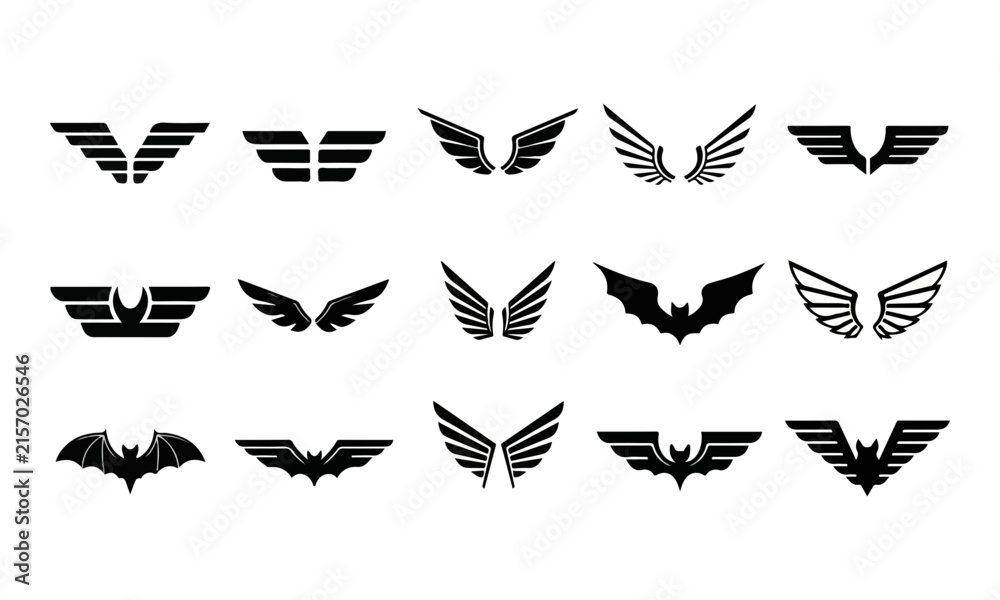 Fototapeta premium Wing Icons and Bat Silhouettes Set on White Background