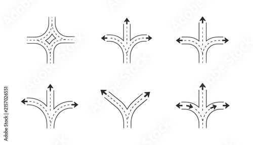 Set of highway road branch diagrams with arrow indicators representing traffic direction and route navigation.