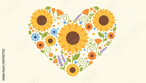 Sunflower heart composition with wildflowers, lavender, and daisies on a cream background is ideal for cards and posters.
