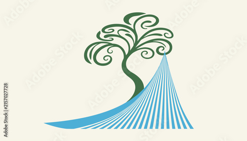 Abstract green tree with swirling branches and flowing blue striped path representing growth, nature, and water.