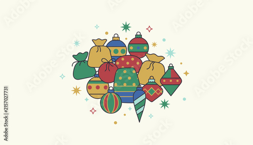 Colorful christmas baubles and decorative gift sacks arranged in a festive pile surrounded by small sparkling stars.