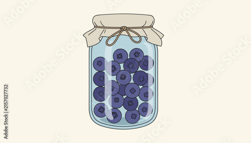 Mason jar filled with ripe blue blueberries sealed with a cloth lid and twine against a plain light background.