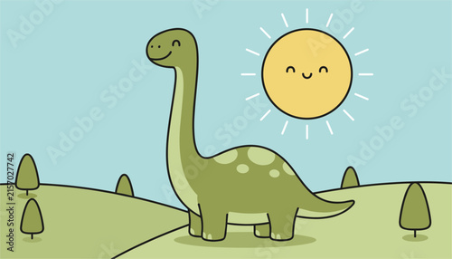 Cute cartoon brachiosaurus dinosaur smiling under a friendly sun in a green hilly landscape with minimal trees.