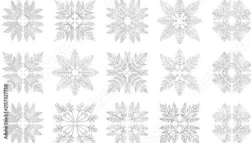 Mandala patterns created from detailed black leaf prints arranged in circles and squares on a white background.
