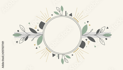 Elegant circular botanical frame decorated with light green leaves, branches, and geometric shapes on a cream background.