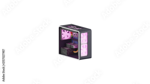 Принти на полотні Isometric 3D Gaming PC Build with Pink RGB Lighting on White Background