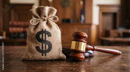 Antique gavel and burlap money pouch on a vintage wooden table with scattered gold coins.