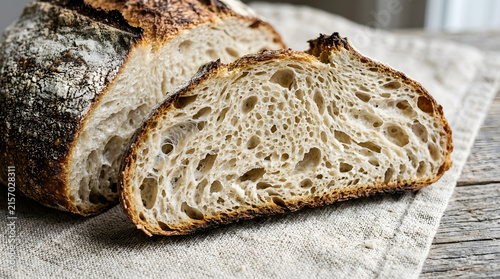 Fotografía Crusty artisan sourdough loaf cut into slices showing airy texture and rustic da