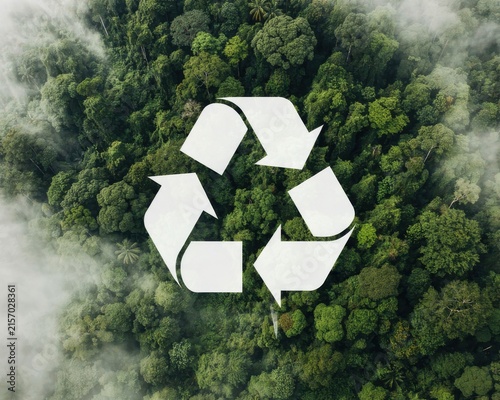 Aerial view of white recycling symbol over lush green forest