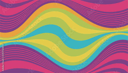 Groovy retro colorful wavy line pattern in pink purple yellow green and blue psychedelic seventies style.