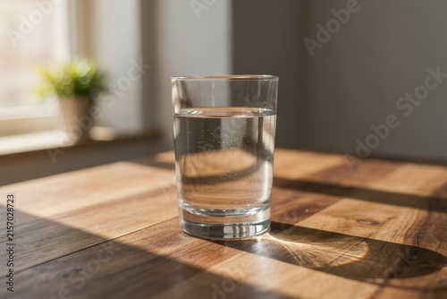 Clear glass of fresh water on wooden table in sunny room