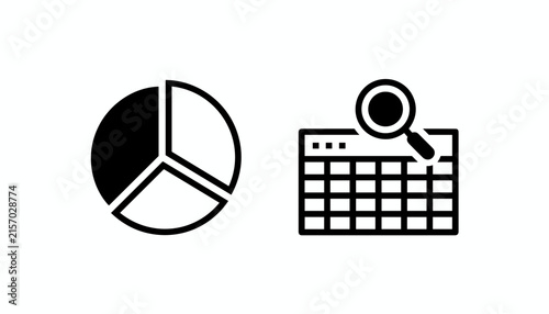 Financial and database analysis icons showing a pie chart diagram and a spreadsheet being searched with a magnifying glass.