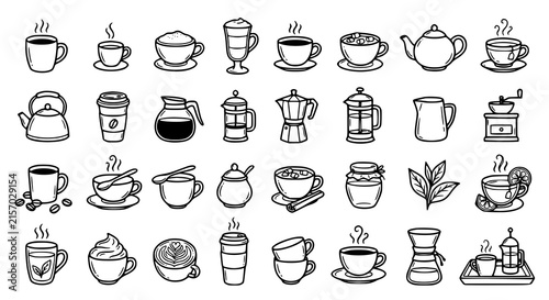 Coffee and Tea Hand Drawn Doodle Collection – Hot Beverage Outline Vector Set