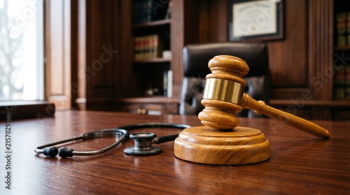 Judge's gavel and stethoscope laid out on a desk surrounded by law books in a professional environment.