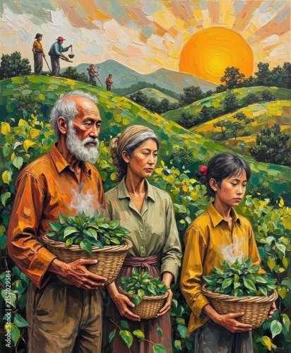 Elderly man, middle-aged woman, young girl planting tea in lush green farm at sunset