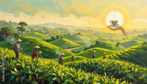 Serene Agricultural Landscape with Farmers, rolling hills, and vibrant vineyard fields under a sunny sky