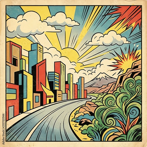 Colorful cartoon city with cheerful dragon and buildings.