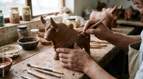 Artist sculpting a bull figurine from clay at a workbench.