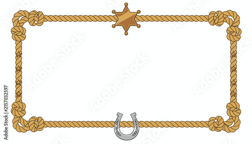 Western cowboy rope frame with golden sheriff badge star and metal horseshoe