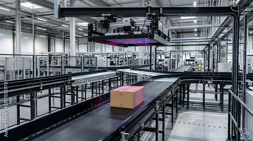 Automated conveyor belt system uses advanced red laser scanners to accurately sort cardboard shipping boxes inside a modern distribution warehouse facility