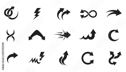 Black dynamic arrow icons and abstract direction symbols in modern minimalist style
