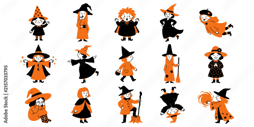 Fototapeta premium Set of cute hand drawn witch characters in orange and black for halloween celebration and holiday design projects