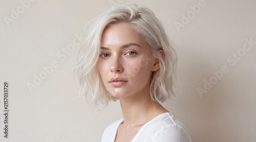 Young woman with short platinum blonde hair looking directly at camera against neutral background studio with hairstyle natural makeup