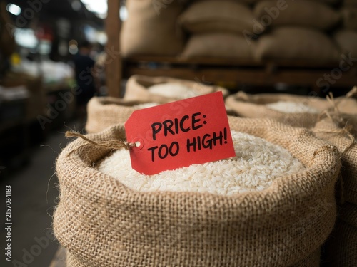 Bags of rice in a market with a red tag stating 'PRICE: TOO HIGH!', highlighting the cost of food