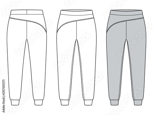 Crossover Waistband Jogger Pants technical drawing template. High waist Sweat Pants fashion Illustration, front and back view, white and grey, women, men, unisex CAD mockup set.